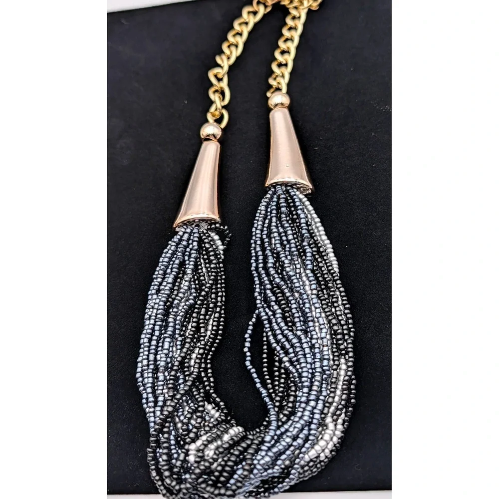 Multi Strand Seed Bead Statement Necklace Black Grey Rose Gold Tone Chain Bib
